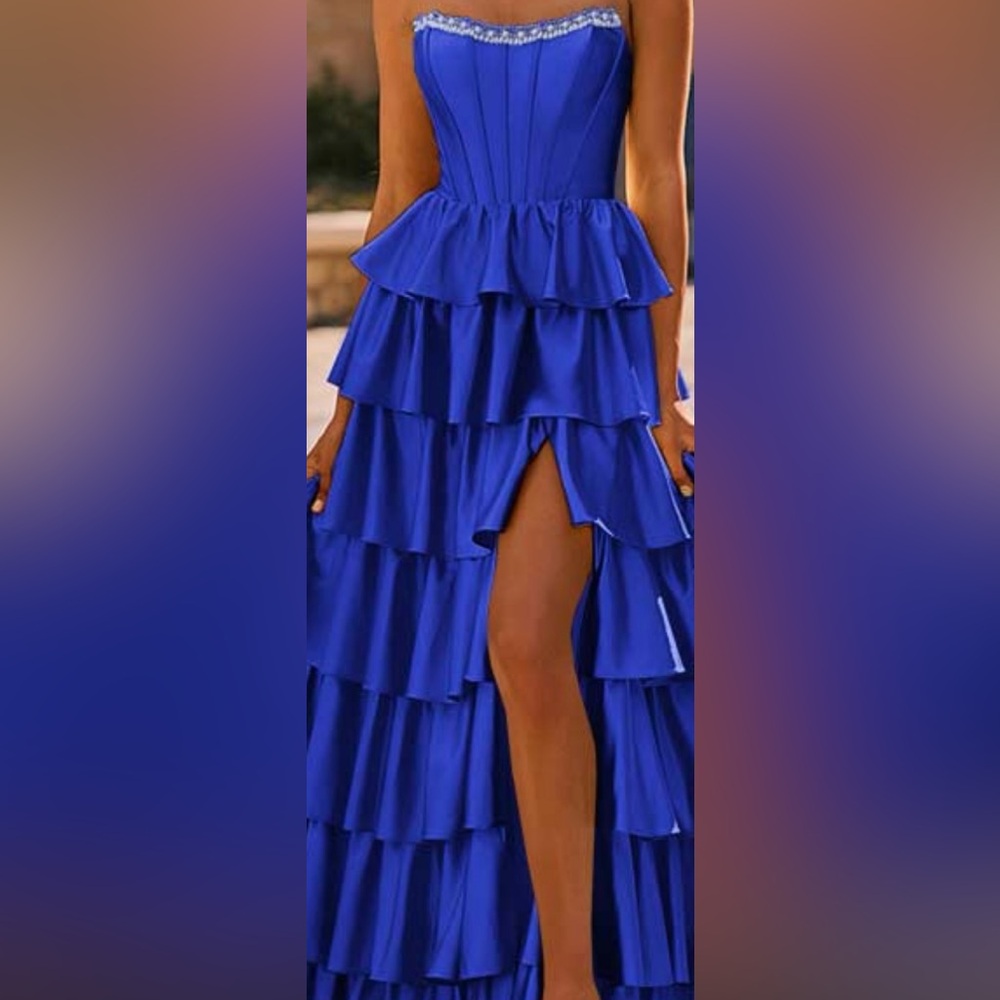 Blue Asymmetrical Strapless Gown with Ruffles Beautiful for prom!